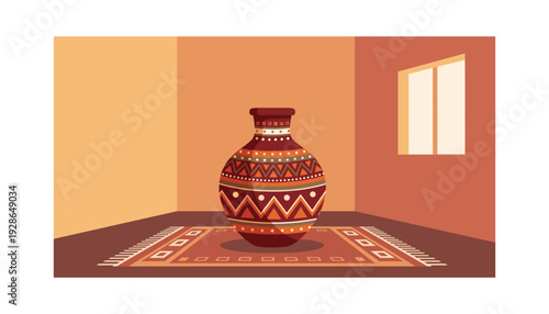 Vibrant clay vase on decorative rug in cozy room with warm lighting