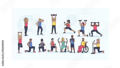 Diverse people exercising with dumbbells and equipment in gym