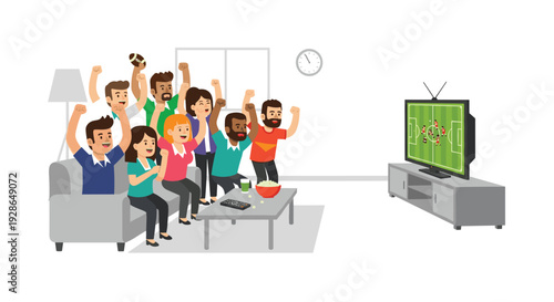 Nine excited friends cheer and celebrate while watching a football match on a television screen in a white living room setting.