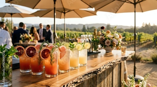 Outdoor cocktail bar setup at vineyard wedding reception with colorful drinks and floral arrangements under umbrellas during golden hour sunset.