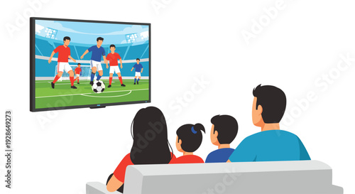 A family of four sits on a grey sofa watching a soccer game on a large flat screen television against a white background.