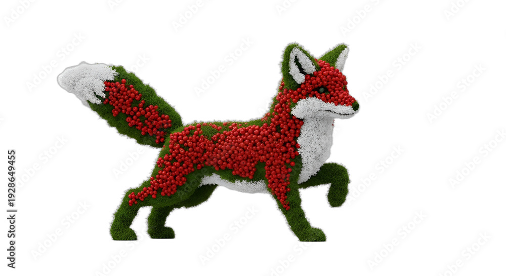 Fototapeta premium Playful fox silhouette crafted from vibrant red berries & green moss, in a pouncing pose with subtle eyes. Ideal for Christmas, holiday cards, winter marketing, or whimsical product design.