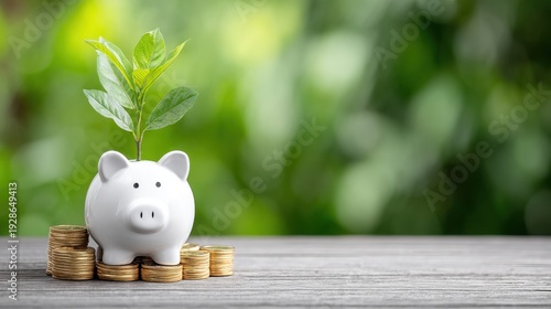 A white piggy bank standing on a wooden surface surrounded by stacks of gold coins  A small green leaf emerges from the top of the piggy bank