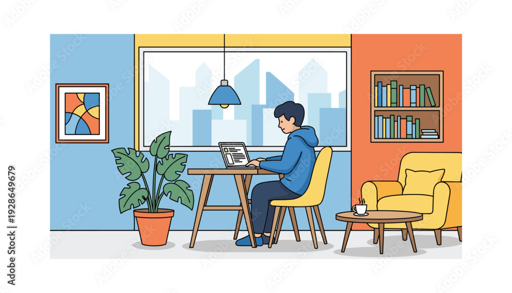 Fototapeta premium Young man working remotely on laptop in cozy modern home office space