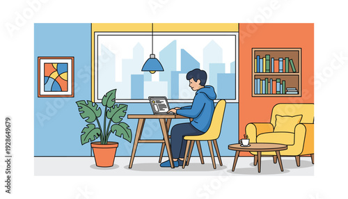 Young man working remotely on laptop in cozy modern home office space