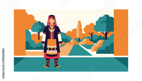 Woman in traditional attire standing in autumn landscape with trees