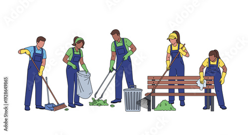 Five workers wearing blue overalls and protective gloves are cleaning up leaves and trash around a wooden park bench using various maintenance tools.