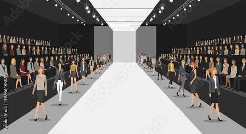 Fashion models walk down a long white runway while a large audience watches from tiered black seating under bright spotlights in a modern venue.