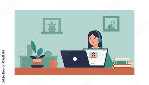 Woman working remotely on laptop with headset in modern home office