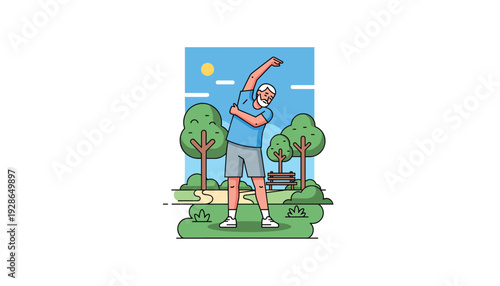 Senior man stretching in a park on a sunny day