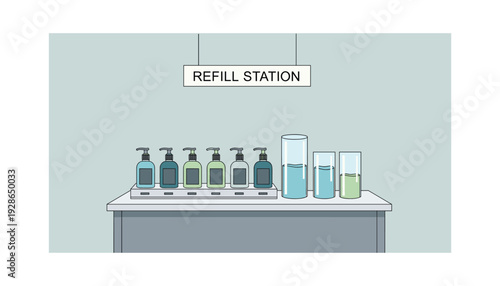 Modern refill station with colorful bottles and tubes on clean countertop