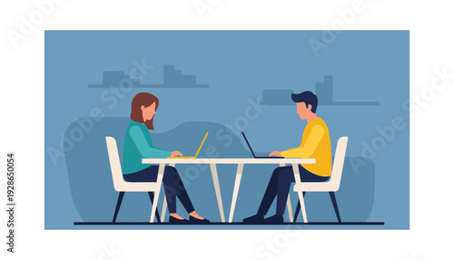 Two colleagues working together on laptops in modern office setting