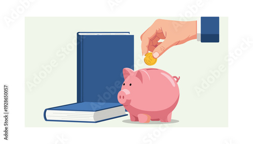 Hand putting coin into piggy bank next to book