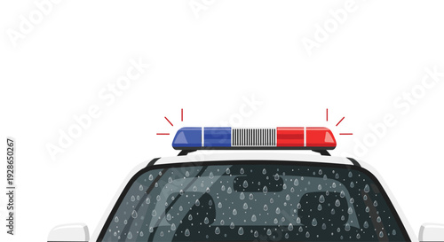 A white police car with a red and blue light bar on the roof has a windshield covered in raindrops on a white background.