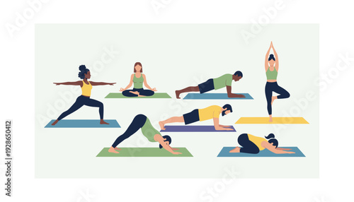 Diverse group practicing various yoga poses on colorful mats
