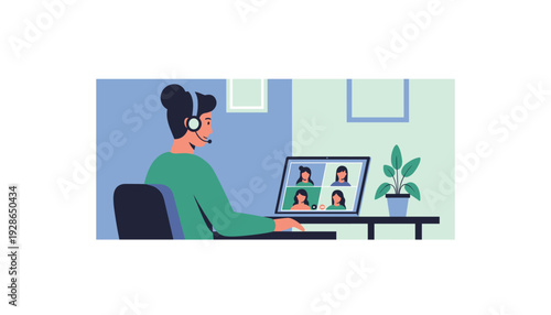 Remote worker on video call with colleagues in modern home office
