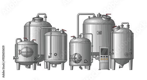 Multiple silver stainless steel industrial storage tanks with pipes and a control panel on a plain white background.