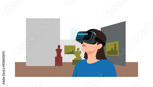 Woman experiencing virtual reality in modern art gallery