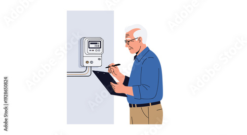 An elderly man wearing glasses and a blue shirt stands beside a wall-mounted electric meter writing on a clipboard.