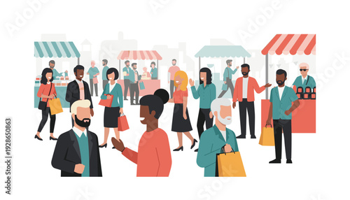 Diverse people shopping and socializing at outdoor market