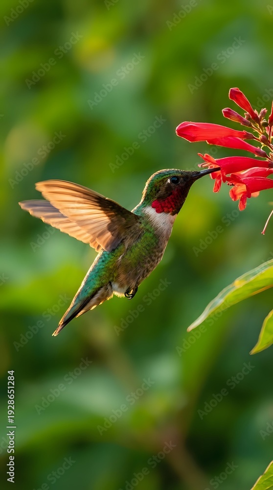 Naklejka premium Ruby-throated hummingbird feeding on red tubular flowers in natural garden setting with vibrant green foliage background for wildlife photography.