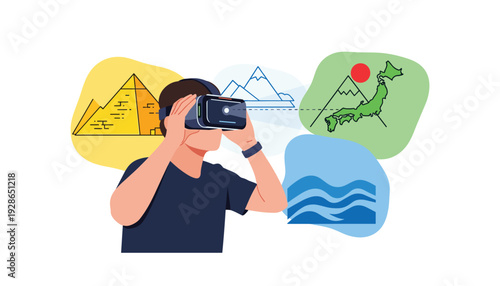 Man experiencing virtual travel destinations with VR headset