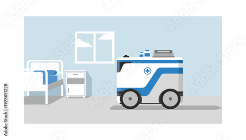 Autonomous medical robot delivering supplies in modern hospital room