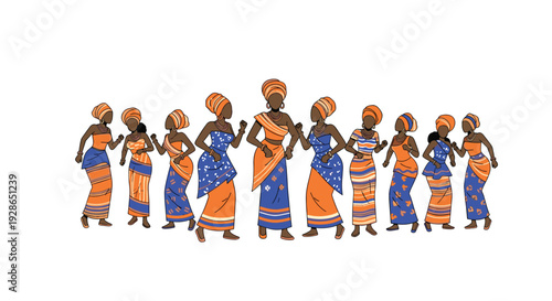 Ten African women wearing vibrant blue and orange patterned dresses and headwraps perform a traditional dance.