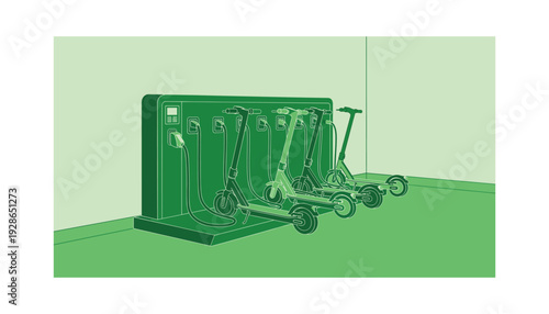 Electric scooters charging at modern urban station