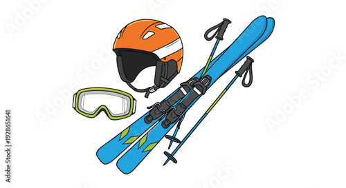 A set of winter sports equipment consisting of an orange helmet, green goggles, blue skis, and black poles.