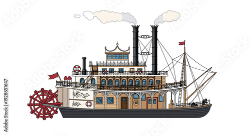 A vintage river steamboat with a large red rear paddle wheel and two black smokestacks floats on a white background.