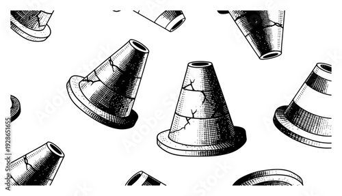 Detailed hand drawn traffic cones with hatching texture for soccer training and drills