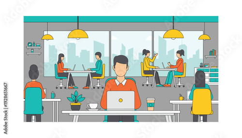 Modern office workspace with professionals collaborating and working