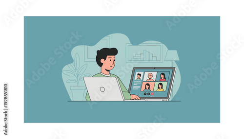 Man working remotely on laptop with video conference on monitor