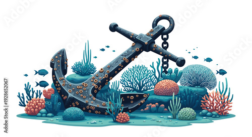 A rusted metal anchor with barnacles and a broken chain lies on a sandy seabed surrounded by colorful coral reefs and small swimming fish.
