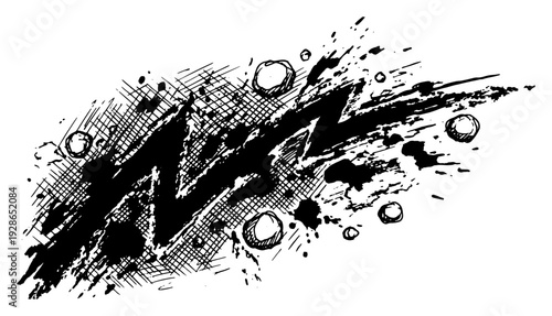 Dynamic hand drawn ink splash with jagged lightning bolt and paint splatters for sports action