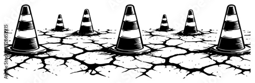 Training traffic cones on dry cracked ground for soccer practice drills