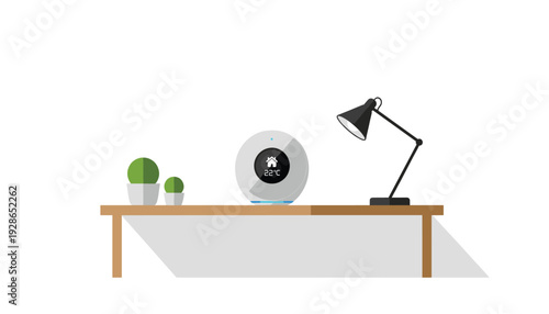 Smart home device controlling temperature on wooden desk with modern lamp and plants