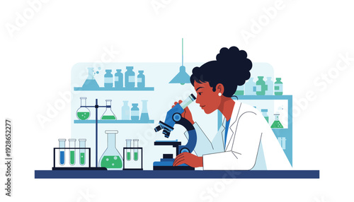 Female scientist examining samples through microscope in modern laboratory setting