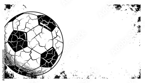 Vintage cracked soccer ball background with grunge frame for sports poster