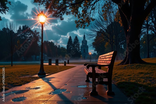 Empty Bench Under Streetlight

