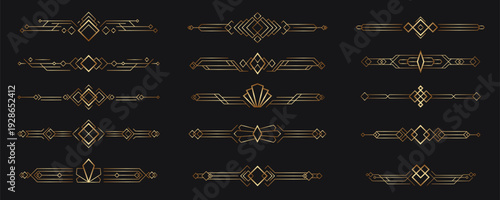 Collection of gold Art Deco divider ornaments on a dark background, featuring geometric diamonds, chevrons, and elongated lines arranged in symmetrical horizontal motifs. Vector illustration