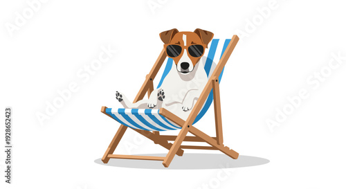 A Jack Russell Terrier dog wearing black sunglasses reclines in a blue and white striped wooden beach chair on a white background.