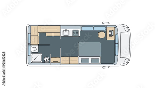 Modern RV interior layout with kitchen, bedroom, and living areas