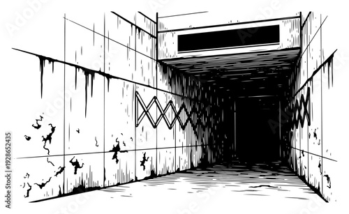 Dark stadium tunnel entrance with cracked walls and player passage perspective