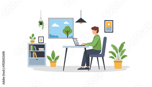 Man working on laptop in modern home office with plants