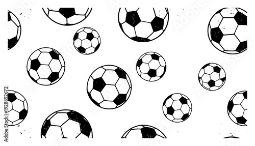 Seamless pattern of scattered soccer balls in a hand drawn ink sketch style