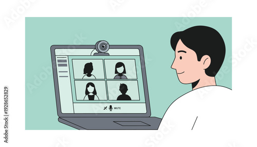 Man participating in virtual meeting with colleagues online