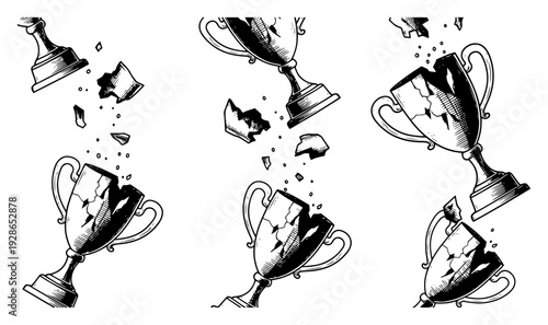 Set of shattered and broken gold trophy cups representing defeat or failure