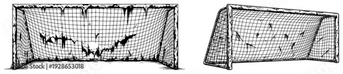 Hand drawn sketches of weathered soccer goals with torn nets and vintage texture